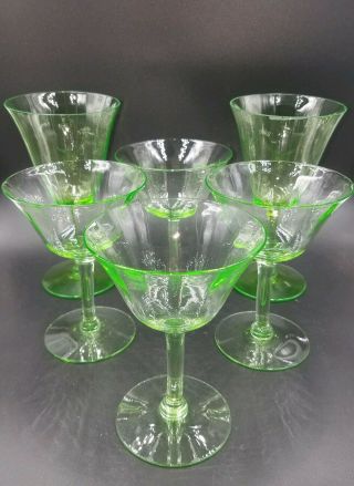 6 Rare Antique Tiffin 14196 Green Uranium Glass Optic 4 Tall Sherbet,  2 Goblets