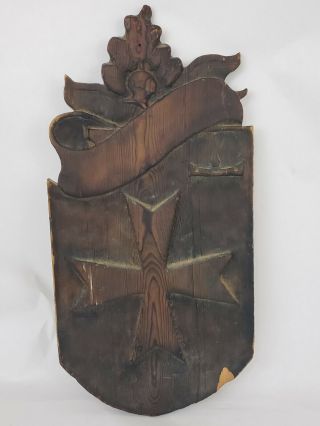 Vtg Antique Wood Carved Crest Maltese Cross Masonic Knights Templar?