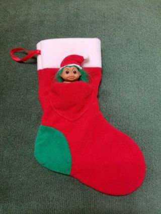 Vintage Small Christmas Stocking With 2 " Troll Doll By Russ