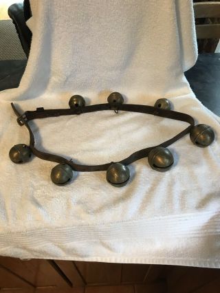 Set Of 8 Antique Brass Sleigh Bells 48” Leather Strap