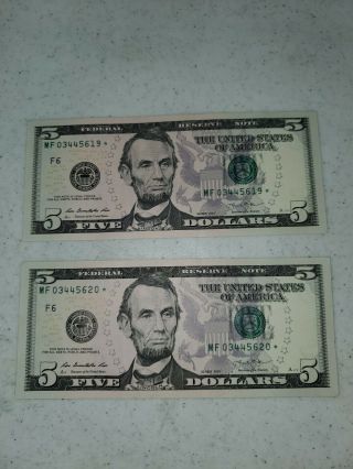 2 X Rare $5.  00 Bills Consecutive Serial Numbers U.  S.  Currency
