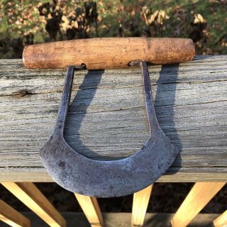 Antique Primitive Early American Hand Forged Iron Food Chopper With Wood Handle