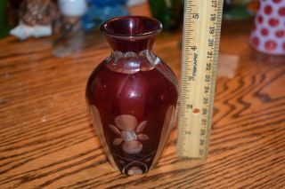 Bohemian Czech Cut Glass Cranberry Bud Vase Studio Art Vintage 6 " Tall