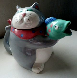 Very Vintage - Rare Collectible 1987 Fitz & Floyd Cat With Fish Tea Pot Meow
