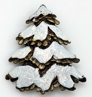 Vintage Signed Jj Christmas Tree Brooch Pin Enamel Bronze Antique Gold Sparkle
