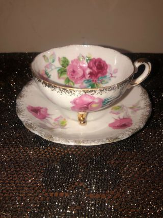 Vintage Footed Teacup & Saucer Set White Pink Flowers / Gold Trim