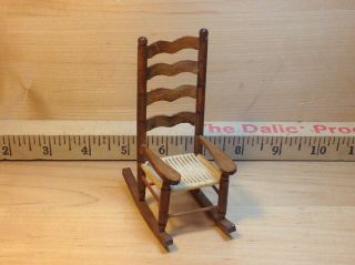 Vintage Miniature Ladder Back Rocking Chair With Woven Seat For Dollhouse