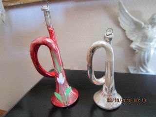 2 Antique Hand Blown Glass/ Hand Painted HORN Ornaments Made in Western Germany 3