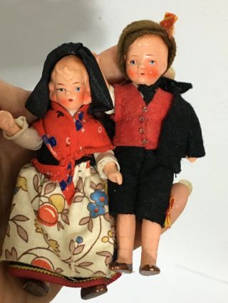 Vintage Miniature 3.  5 " Hard Plastic Boy & Girl Dolls German Germany