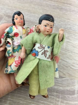 Vintage Miniature 3.  5 " Hard Plastic Boy & Girl Dolls Tourist Japanese Japan