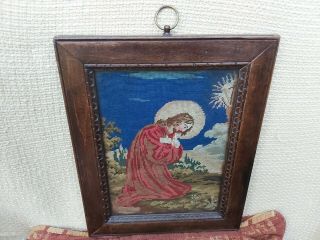 Antique Early 19th Cnty Victorian Petit Point Woolwork Tapestry Religious Christ