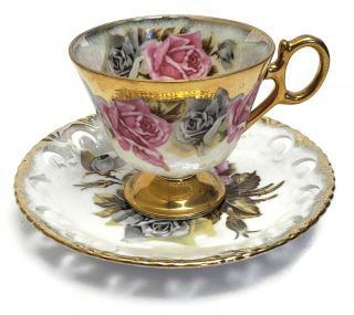 Royal Sealy China Japan - Irridescent Roses & Gold Reticulated Teacup & Saucer