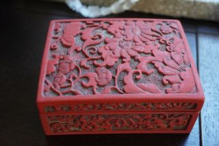 Antique Chinese Carved Cinnabar Wood Floral Ornate Trinket Box Rare 1900 
