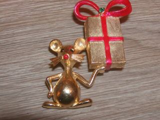 Signed Mylu Pin Green & Black Rhinestones Christmas Mouse Brooch Vintage Rare