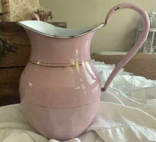 Lovely Rare Antique Vintage French Enamel Pink Water Pitcher Wide Spout