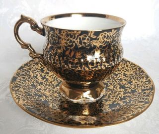 Elizabethan Footed Tea Cup & Saucer Fine Bone China England Black Gold