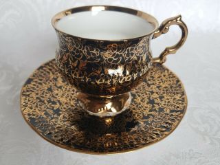 Elizabethan Footed Tea Cup & Saucer Fine Bone China England Black Gold 2