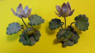 2 Vtg.  Petites Choses Metal Figures Tropical Frogs Under Flowers (candlesticks?)