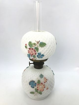 Antique Miniature Oil Lamp White Milk Glass Net Embossed Fired On Flowers S1 - 229