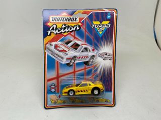 Rare - Matchbox - Action Turbo 2 - Pontiac Fiero - Pullback - On Card - 1987 - Yellow