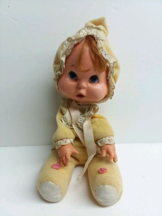 Vintage 1972 Mattel Cry Baby Beans Doll Yellow Bonnet Open Mouth Toy Beanie