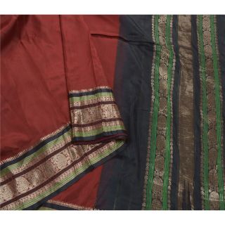 Sanskriti Vintage Dark Red Saree 100 Pure Silk Woven Brocade Craft Fabric Sari