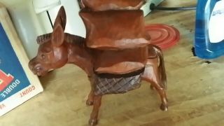 Wood Sculpture Signed Jose J.  Pinal Mexico Signed Carved Back Pack Loaded Donkey