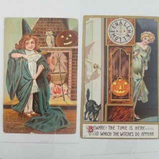 Vintage Antique Halloween Postcards Embossed Witch Pumpkin Black Cat
