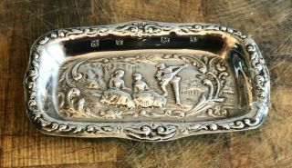 Sterling Silver Pin / Trinket Tray With Repousse Minstrel Singing To Two Ladies.