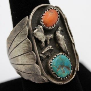 Huge Antique Old Pawn Handmade Sterling Silver Turquoise & Coral Size 10 Ring