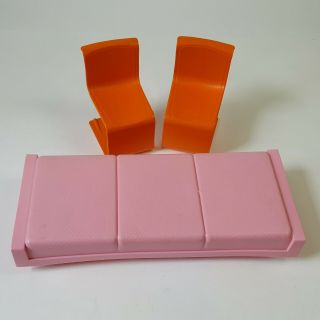 Vintage 1973 Mattel Barbie Townhouse Furniture Light Pink Bed And Orange Chairs
