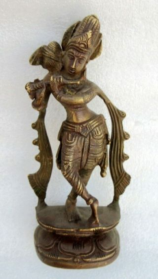Vintage Old Rare Brass Hand Carved Hindu God Krishna With Flute Figure Statue