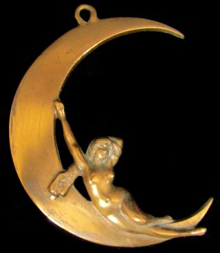 Vintage/antique 6 " Cast Brass Wall Decor - Nudy Lying On Crescent Moon