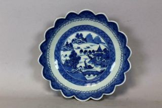 Rare 19th C Canton Chinese Porcelain Scalloped Bowl In Blue Oriental Design