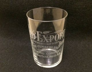 Antique Old Export Beer Etched Glass Cumberland Brewing Co Cumberland Md Pre Pro