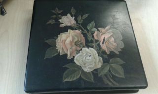 Antique Victorian Oriental Lacquer Ware Handkerchief Box Roses
