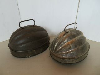 2 Antique Tin Jelly Pudding Food Molds Melon Acorn Shape