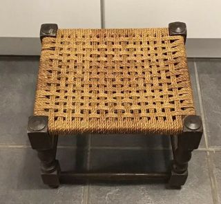 Vintage Antique Stool String Wicker Rattan Woven Carved Turned Legs 30cm Tall
