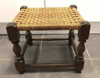 Vintage Antique Stool String Wicker Rattan Woven CARVED TURNED Legs 30CM TALL 2
