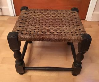 Vintage Antique Stool String Wicker Rattan Woven CARVED TURNED Legs 30CM TALL 3