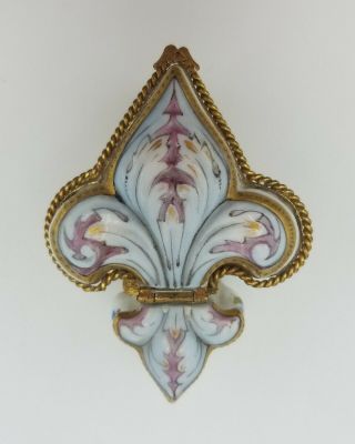 Antique French Porcelain Fleur De Lis Pocket Snuffbox Limoges Trinket Box Gilded