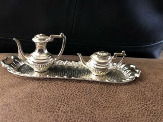 Vintage Dollhouse Sterling Silver 3 Pc Tea Set On Tray England 756165