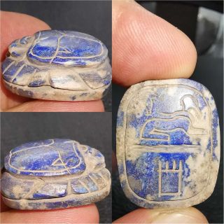 Ancient Unique Lapis Lazuli Stone Scarab Amulet With Signs & Letters 30