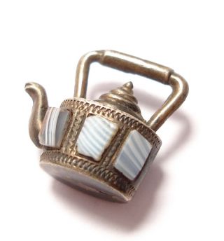 Antique Victorian Silver And Agate Kettle Charm