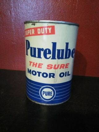 Vintage Pure Lube Motor Oil Quart Full Rare Old Advertising Tin Can Htf