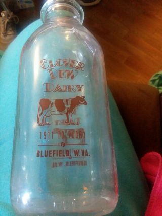 Bluefield Wv.  Square Quart Vintage Milk Bottle Clover Dew Dairy.  Rare