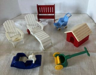 Vtg 7 Pc Tin Dollhouse Plastic Furniture Ideal Acme Dog House Patio Bench Rocker