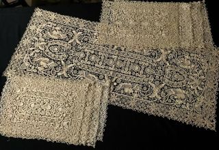 Exceptional Rare Elaborate Grey/beige Needle Lace Set: Eight Placemats & Runner