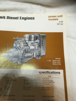 Rare Vintage Detroit Diesel Engine Division 4 - 53 Brochure 123 HP Spec Sheet 2