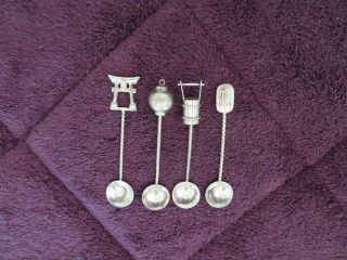 Vintage 4 Miniature Spoons,  Salt Sterling Silver 950 - S Japan Figural Ends